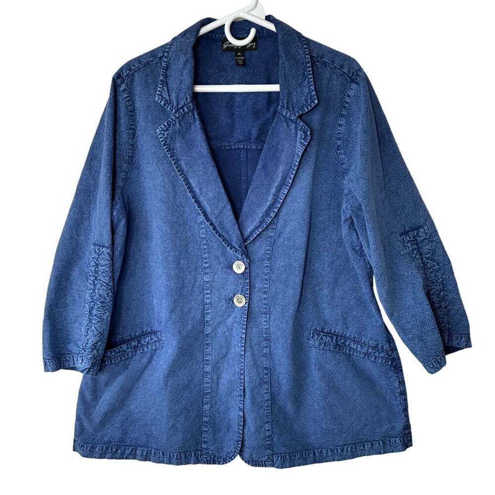 Gretty Zueger Cotton Blazer Lightweight Stone Wash Size XL Blue Lagenlook Boho